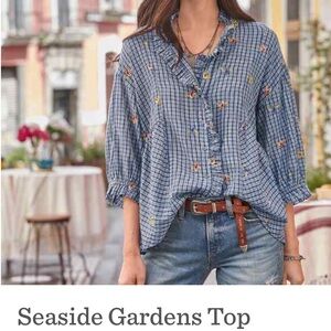 Sundance 100% cotton, Seaside Gardens  blue check floral ruffle blouse